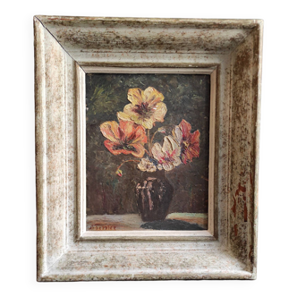 French vintage oil painting of flowers, signed A. Terrier