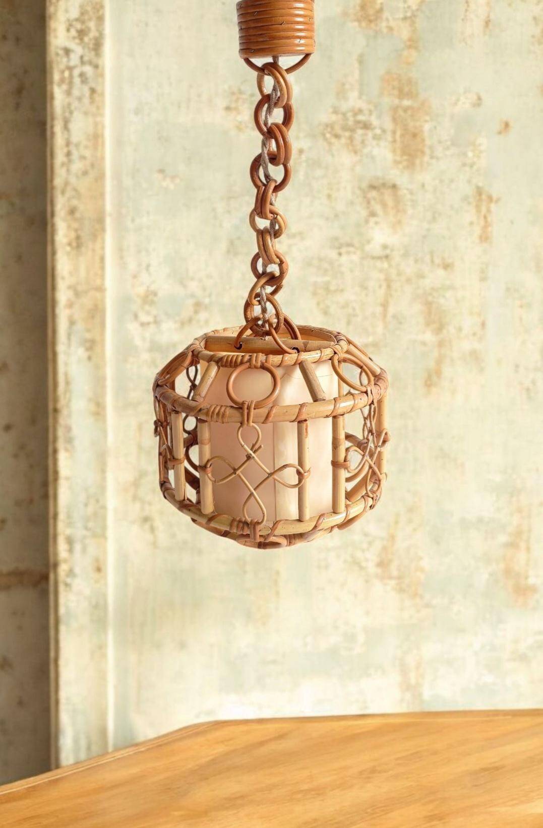 1960s Hand-Crafted Mid-Century Bamboo and Rattan Pendant Lamp, France