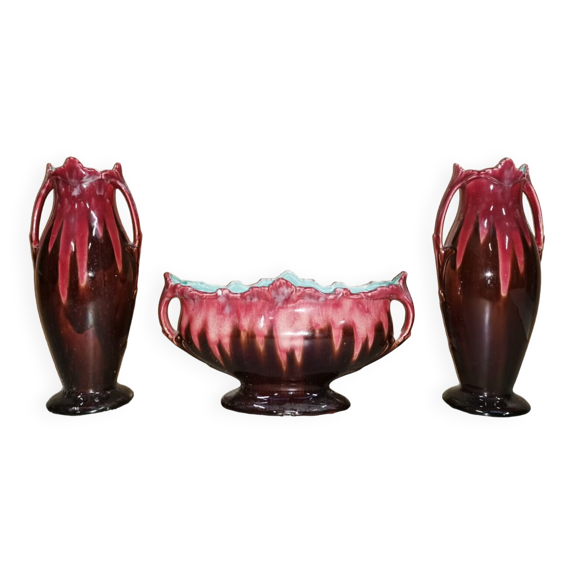 Paire de vase + jardinière art nouveau barbotine dl france garniture de cheminée