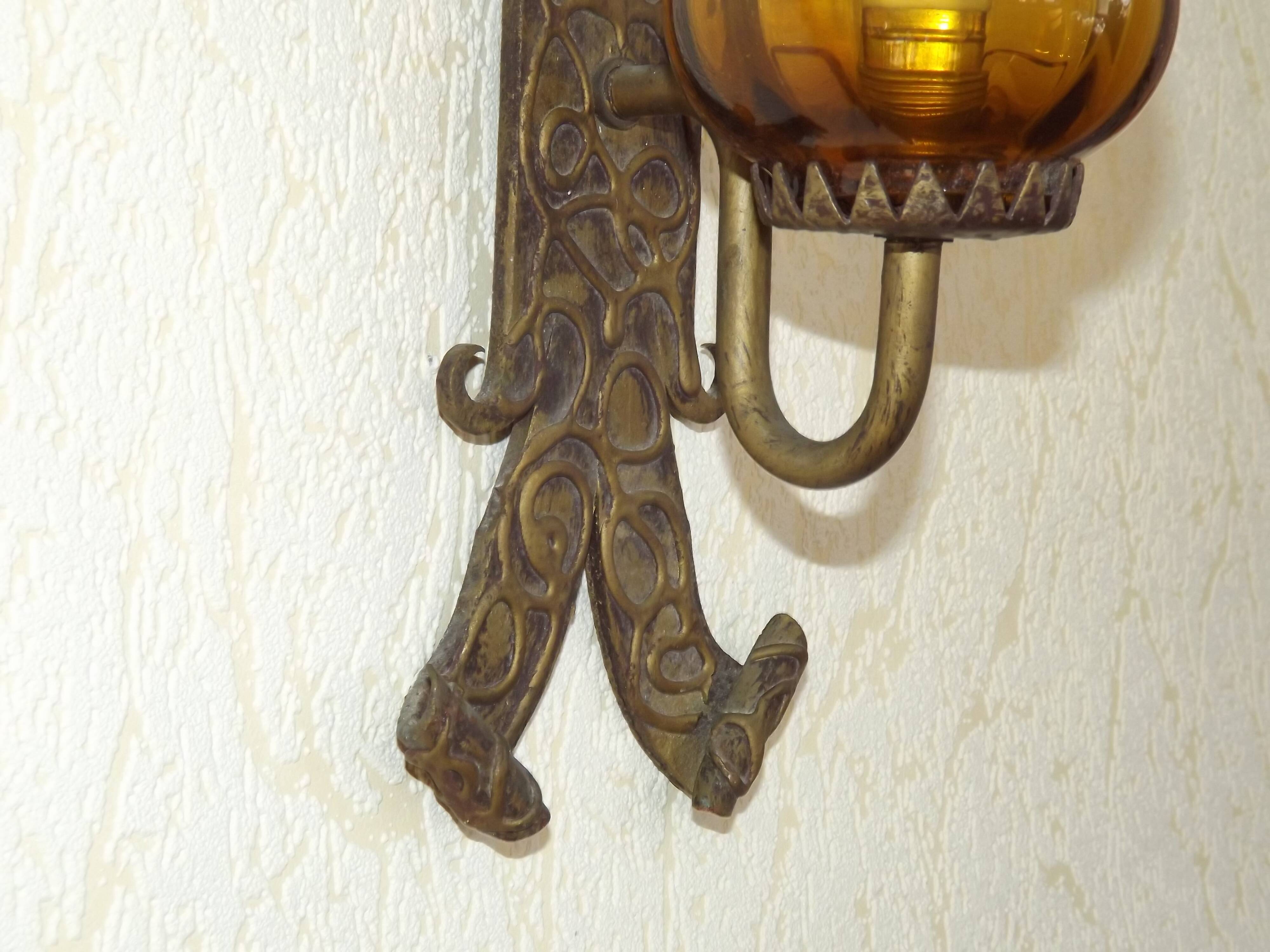 Pair of Hand Forged Wrought Iron Medieval Style Wall Lights with Amber Shades 42