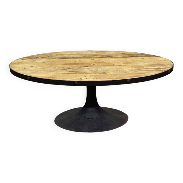 Table basse ovale en chêne et piétement acier