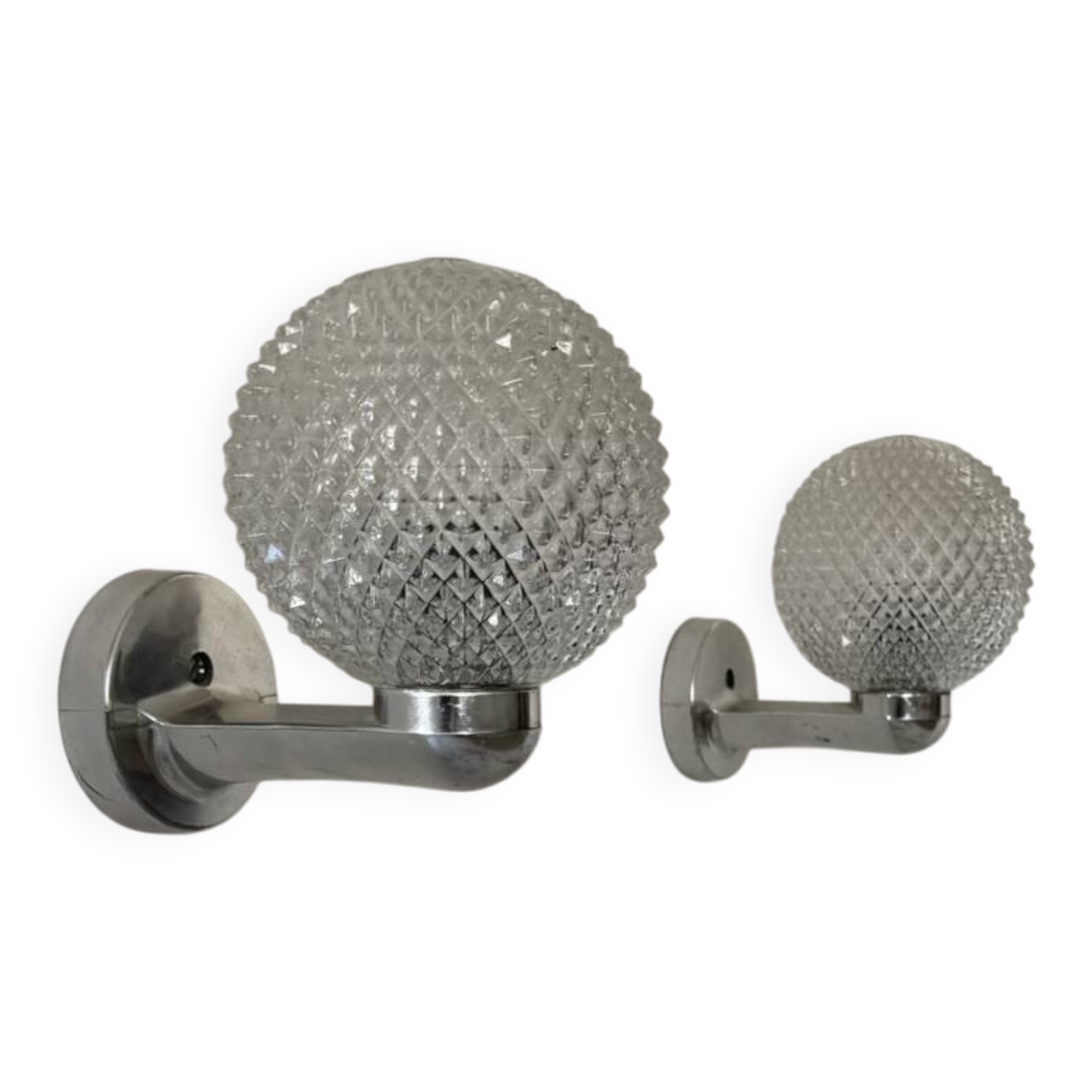 Pair of vintage wall lights in chrome metal and pressed moulded glass, France, 70s.