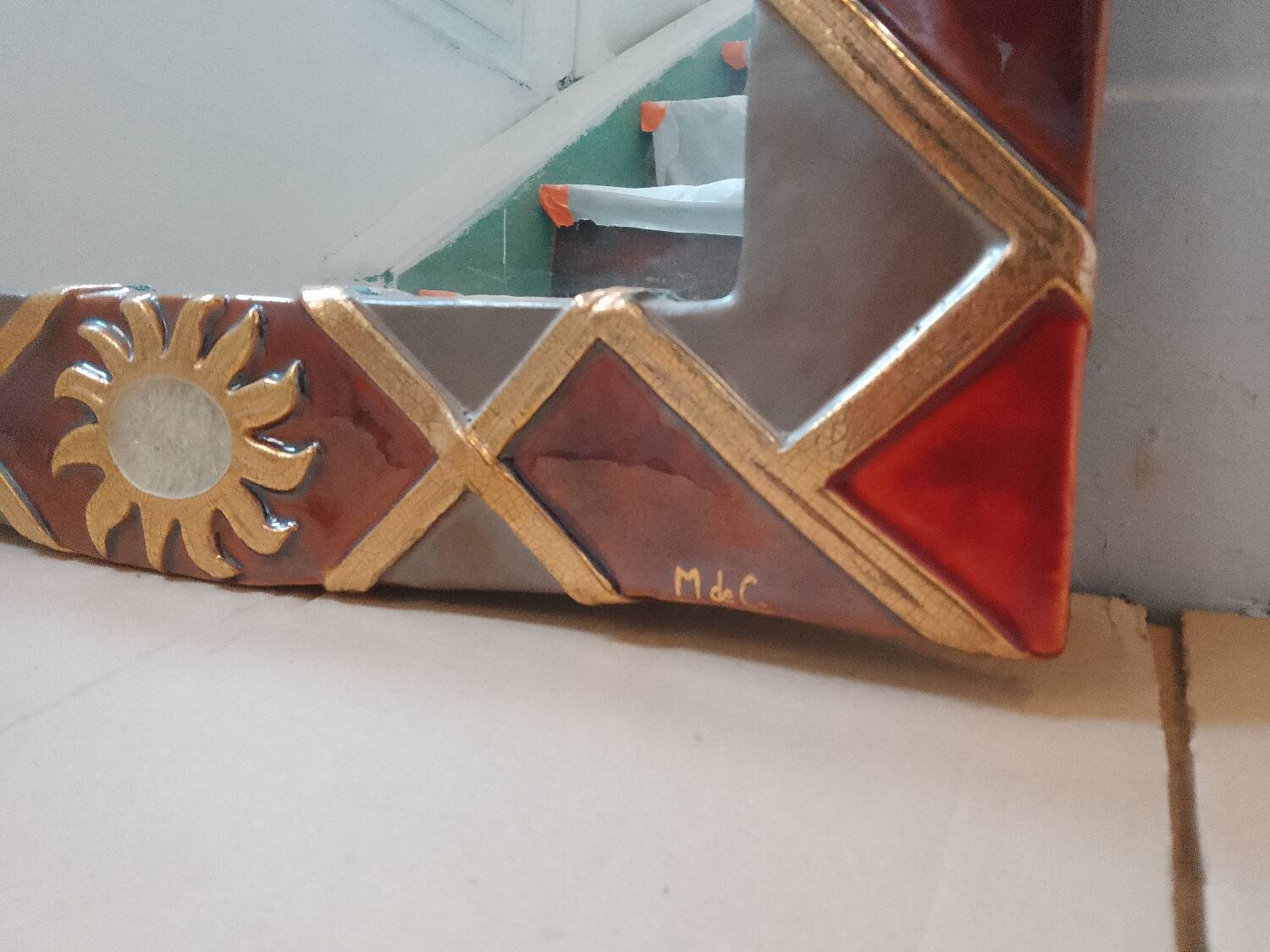 Large ceramic mirror signed Marion de Crecy, daughter of Mithé Espelt