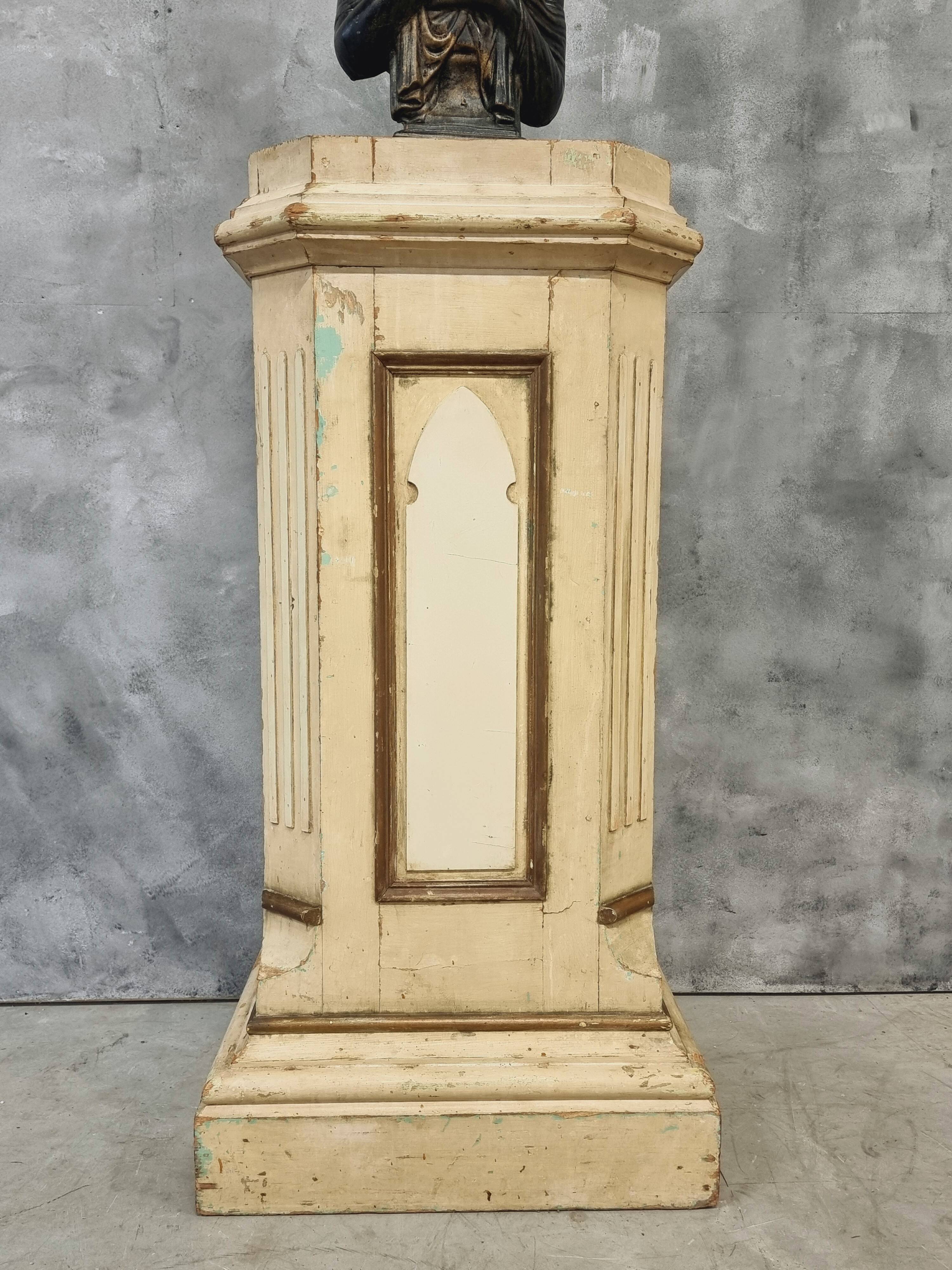 Antique church column on wooden base 135 cm high