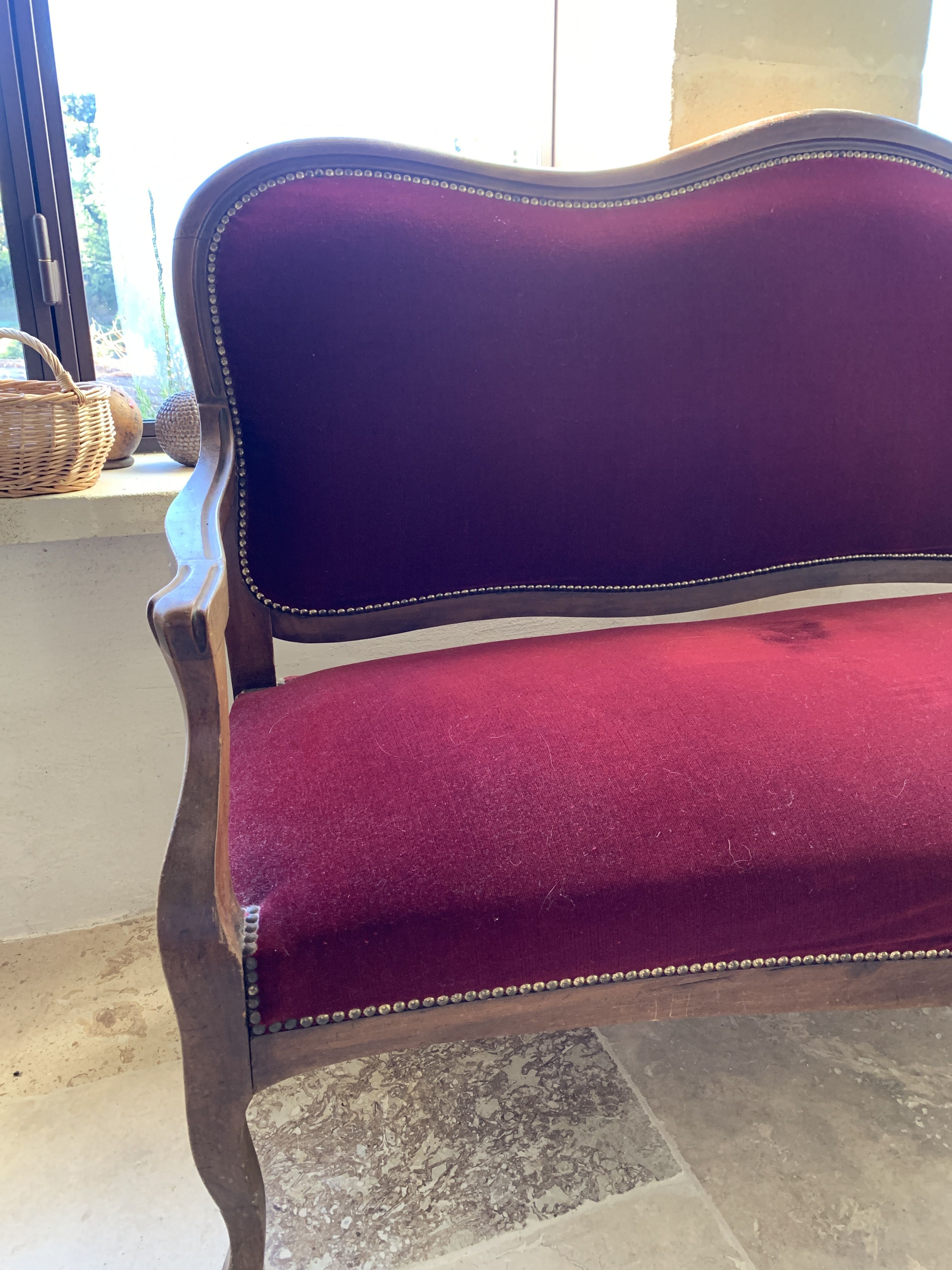 Red sofa bordeaux upholstered velvet
