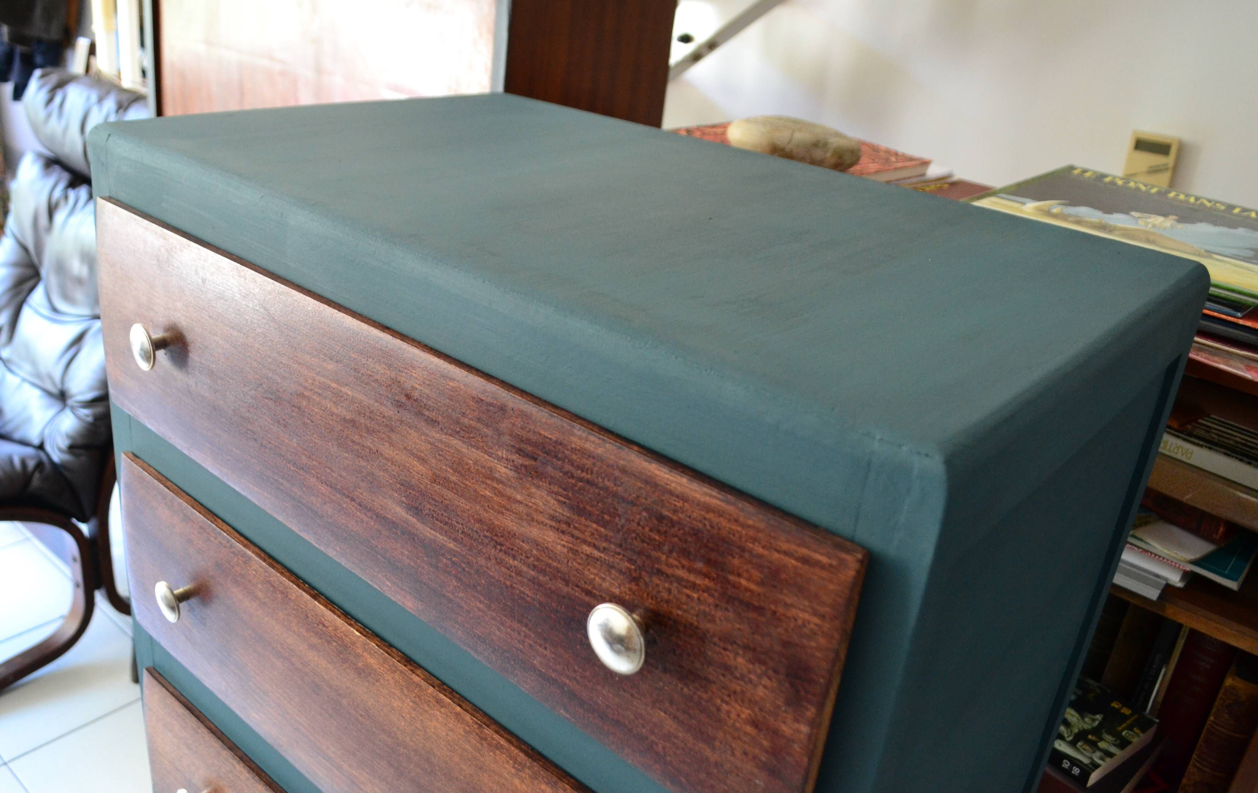 Chiffonnier vintage chêne commode vert anglais