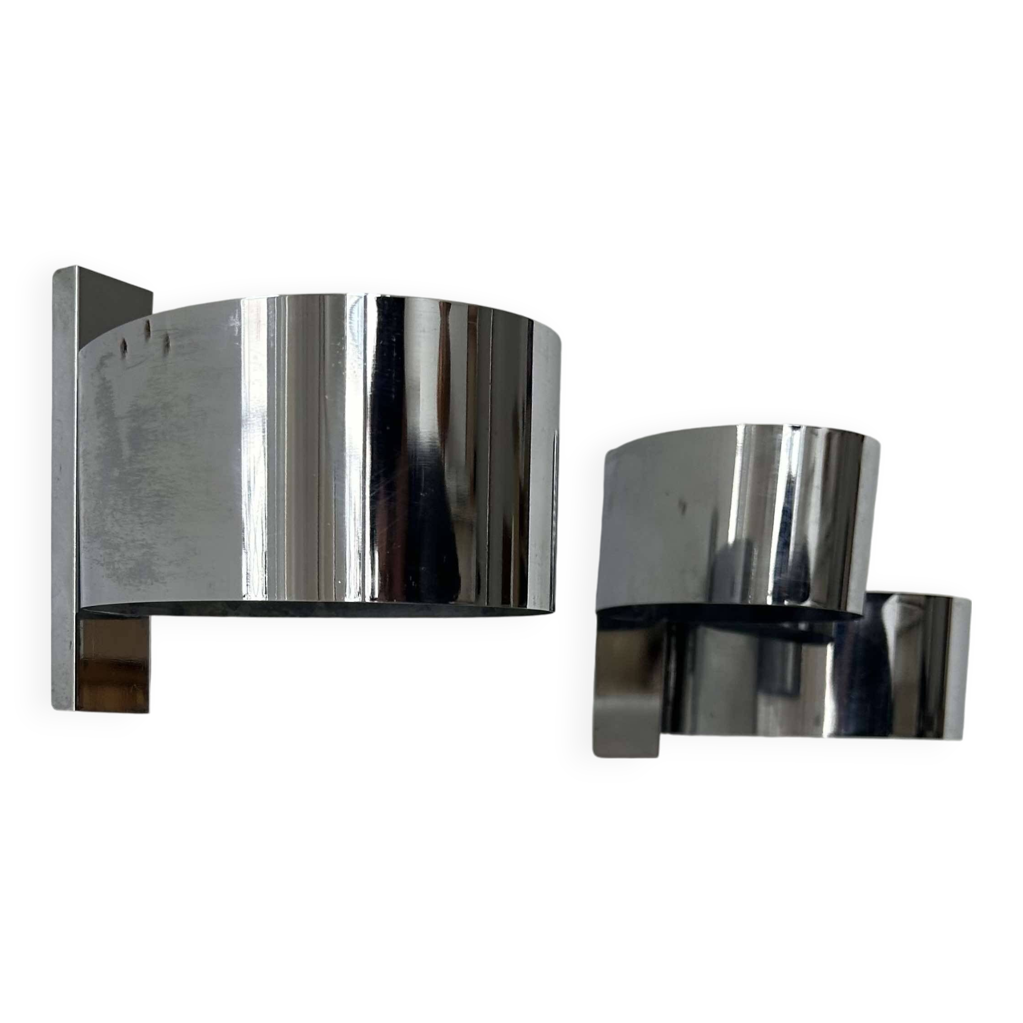 Pair of vintage wall lights, curved chrome metal, France 1970