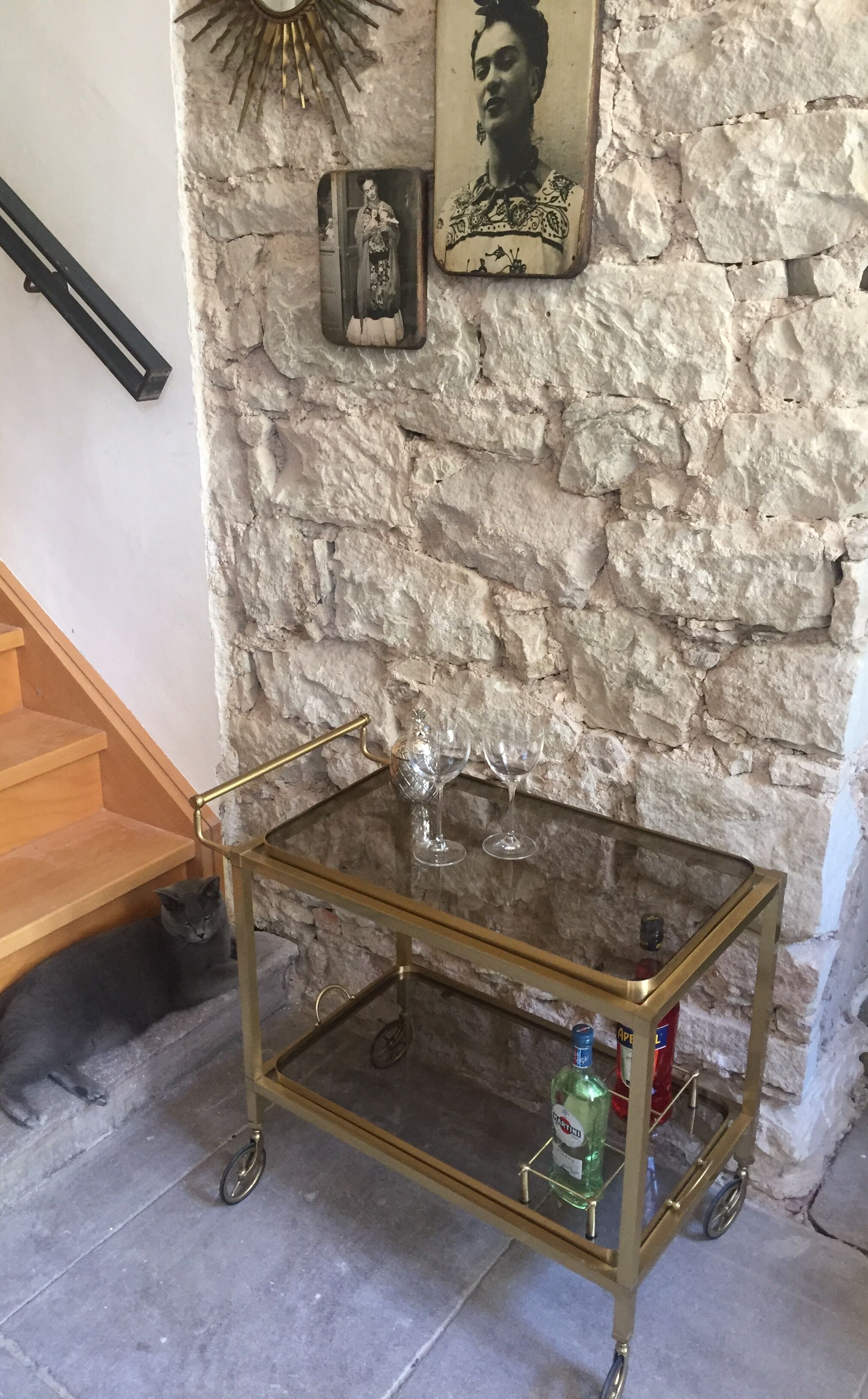 Desserte bar vintage two brass trays