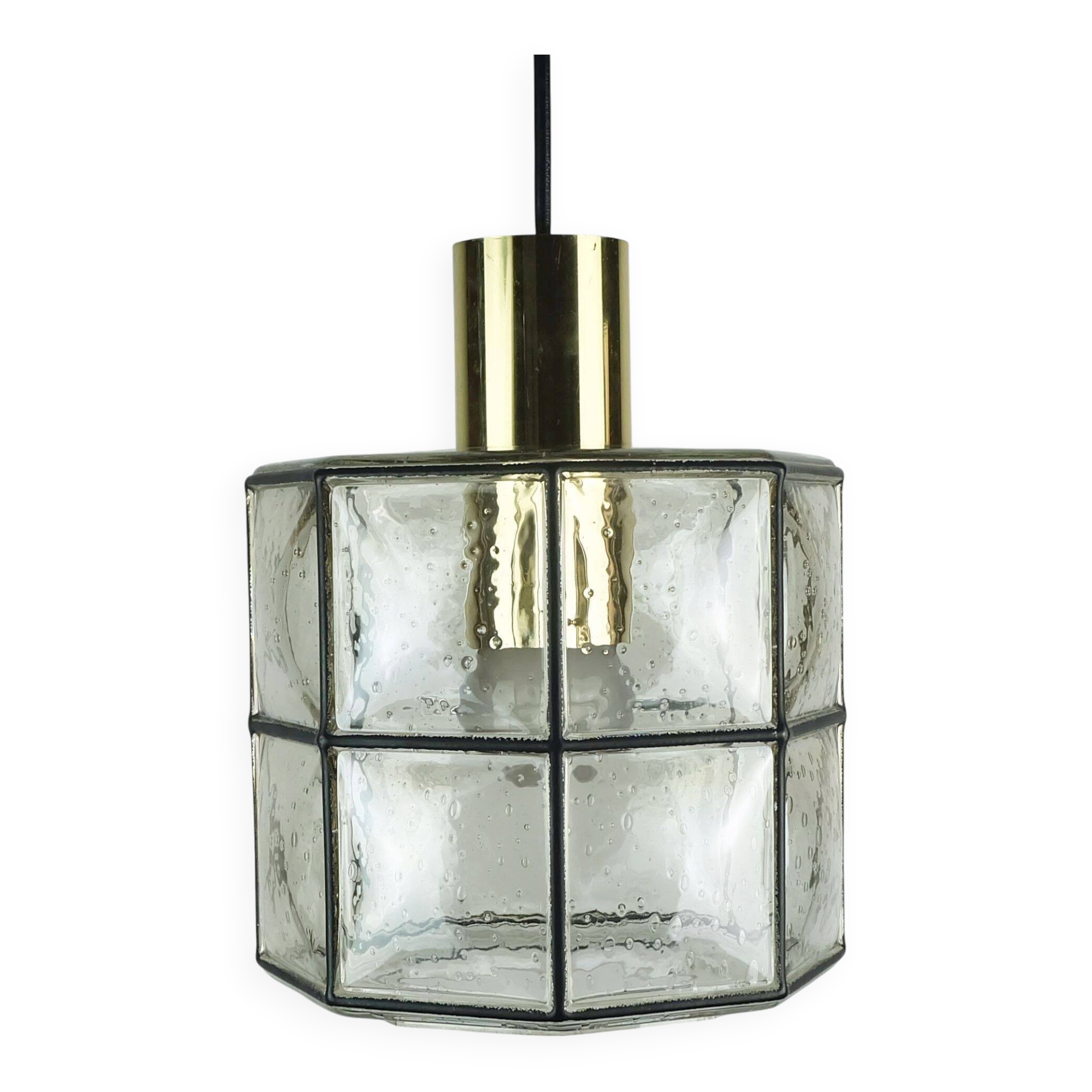 1960s 70s glashuette limburg PENDANT LAMP clear glass shade and brass