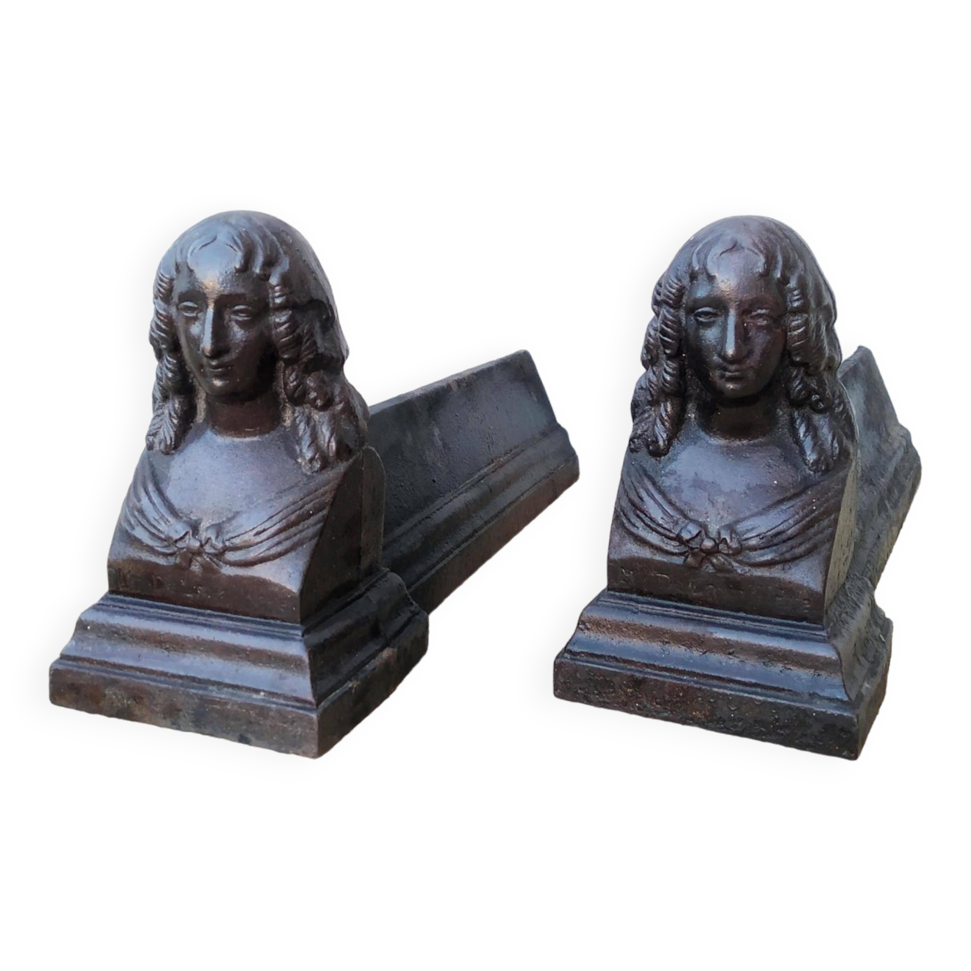 Pair of bust fireplace andirons Louise de La Vallière XIX