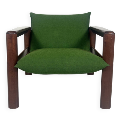 Fauteuil des années 50, tissu vert et bois, Italie, 1960