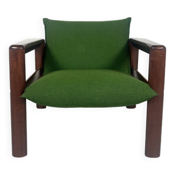 Fauteuil des années 50, tissu vert et bois, Italie, 1960