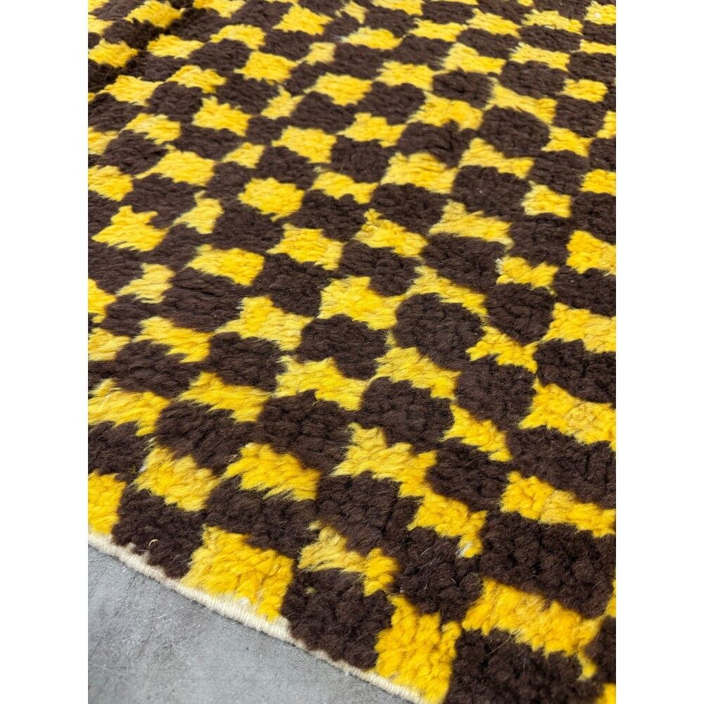 Hand-Knotted Checkered Tulu Rug. 100% Wool. Brown & Mustard Yellow Carpet. Custom Options Available
