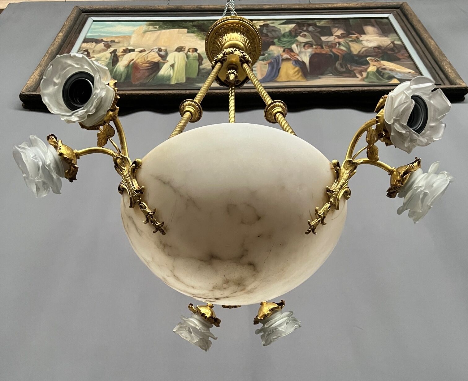 Art Deco chandelier. Marble, solid gilded bronze.