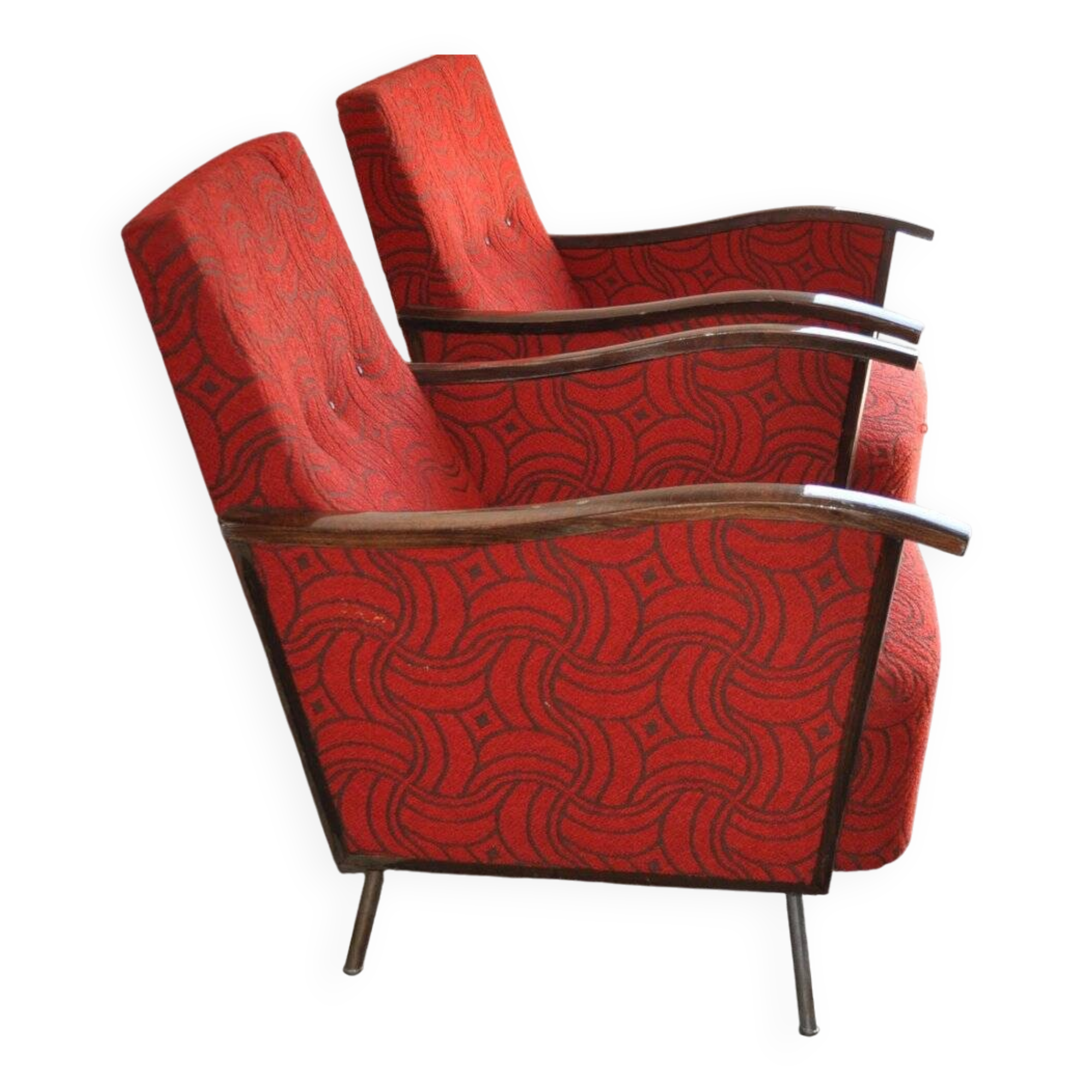 Set of 2 Bauhaus club armchairs in multicoloured chrome metal and wood, 1940s fabric.