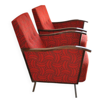 Set of 2 Bauhaus club armchairs in multicoloured chrome metal and wood, 1940s fabric.