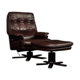 Vintage Mid-Century Scandinavian Modern Brown Leather Executive Swivel Chair & Ottoman, 1970s