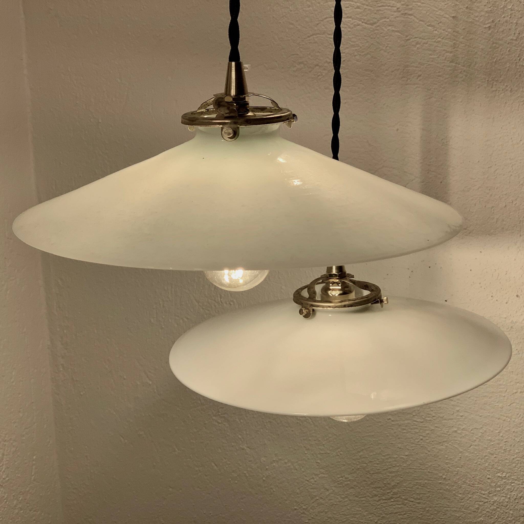 Pair of serrated opaline bistro pendant lights