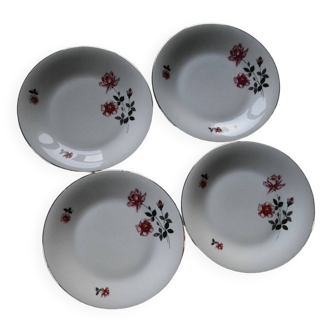 Lot de 4 assiettes à dessert Rose rose & liseré doré Porcelaine Française