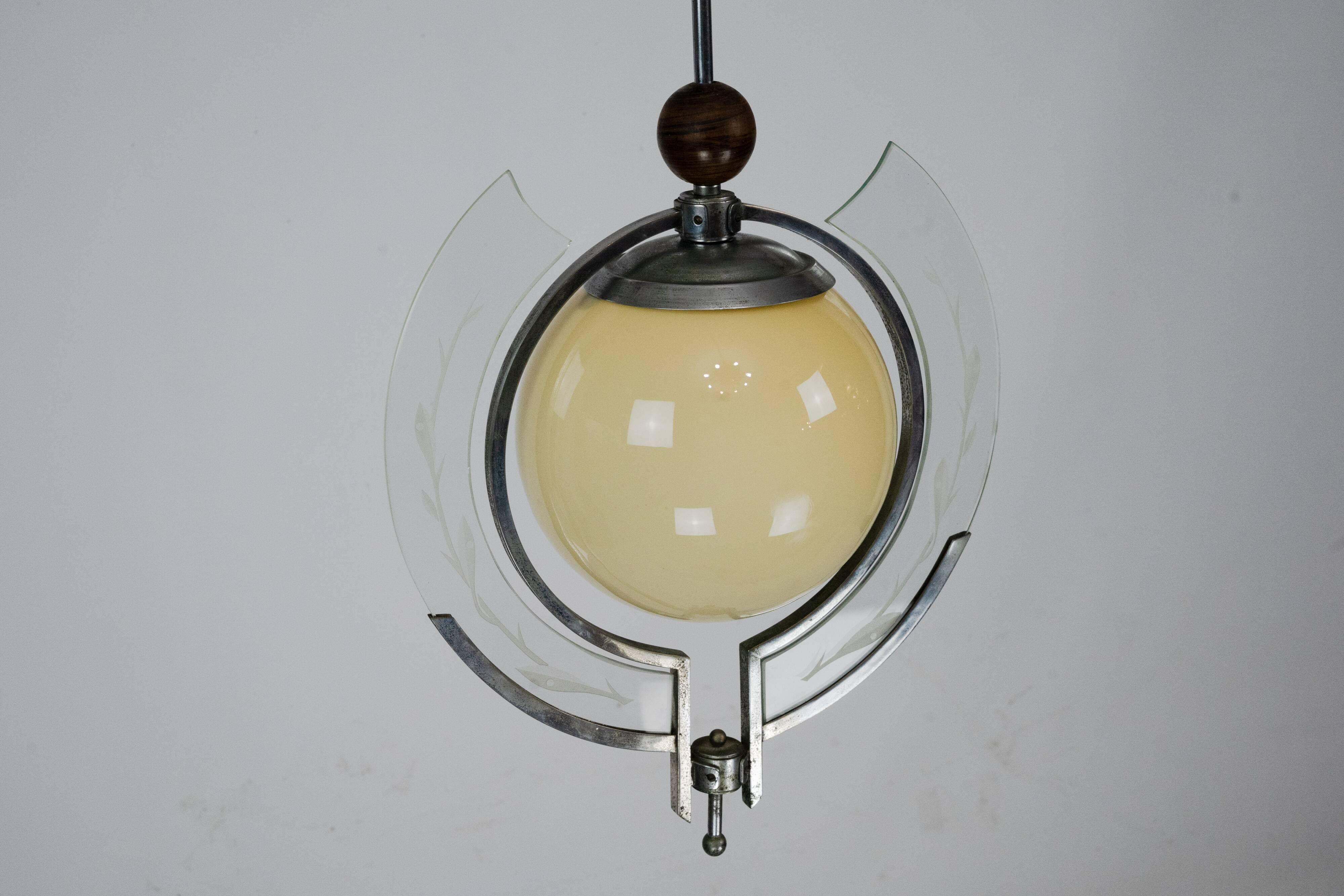 1930s Italian Art Deco Pendant Light with Etched Glass and Amber Globe