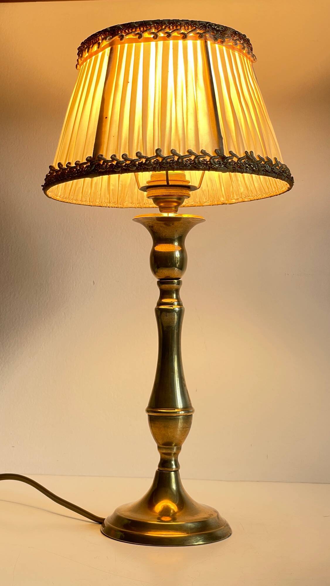 Solid brass lamp and antique lampshade