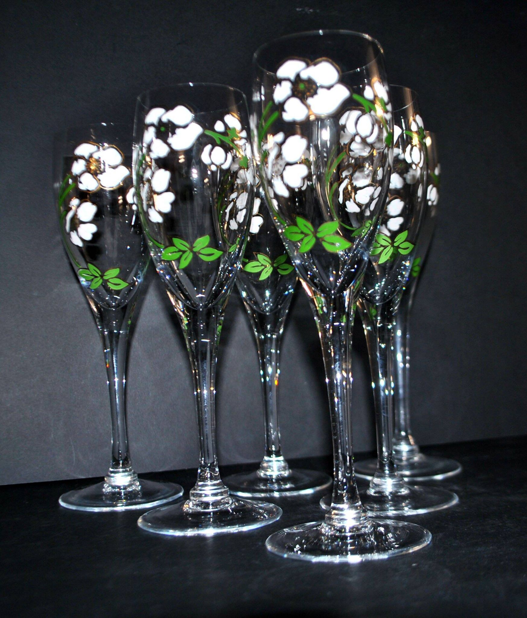 Perrier Jouet set of 6 Anemone Cuvée Belle Epoque champagne flutes in Gallé enamelled crystal
