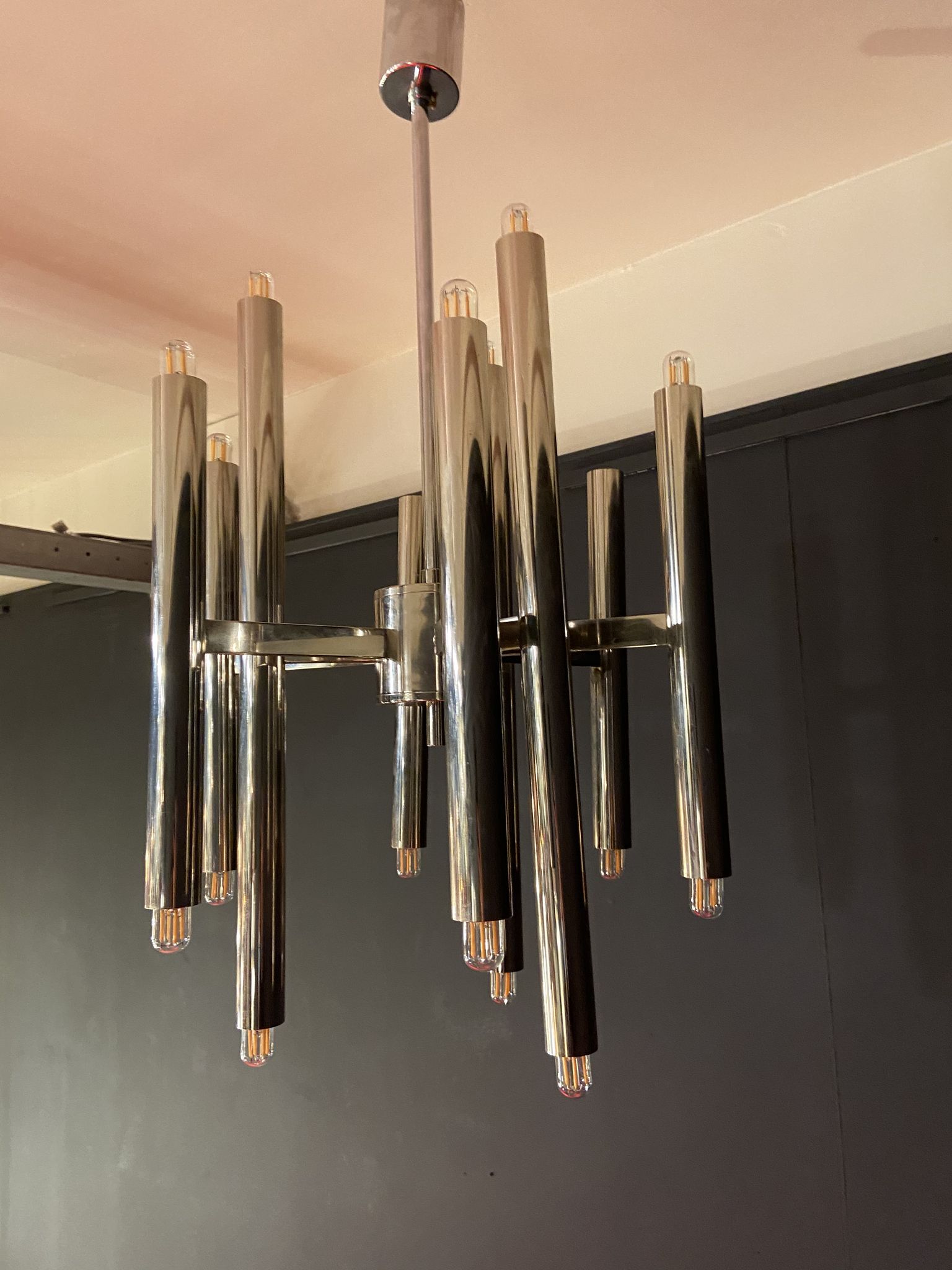 Scoliari chandelier with 18 bright nickel dots distributed by Boulanger