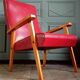 Compass leg armchair in solid beech & red crocodile-effect faux leather