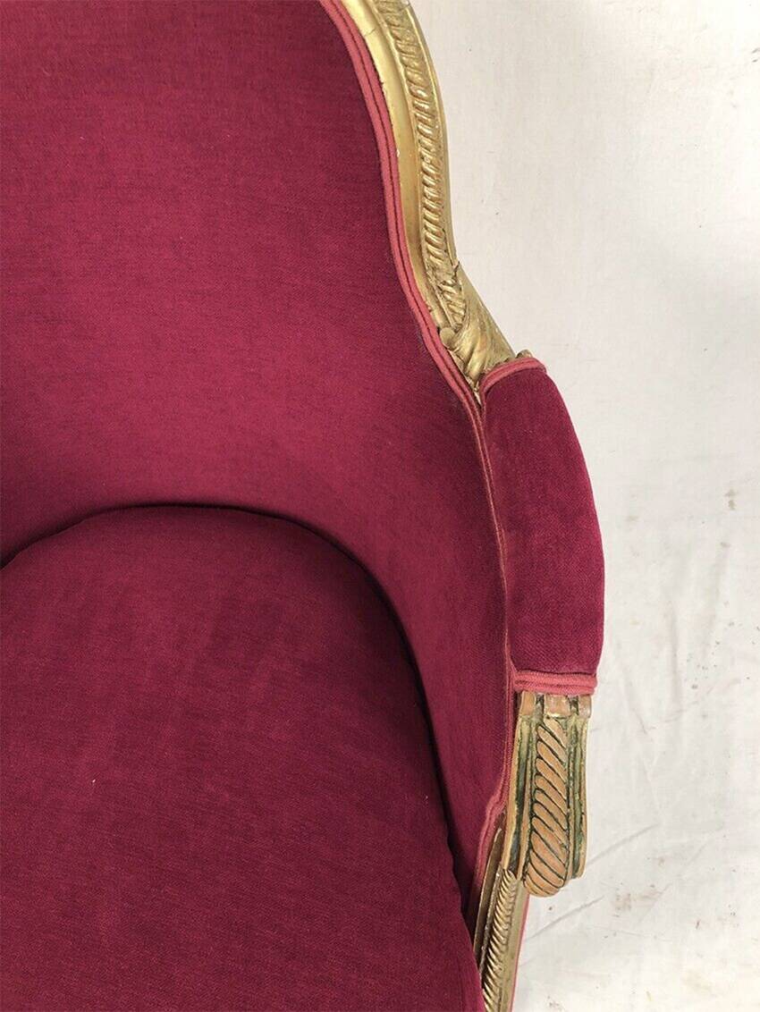 Bergère in gilded wood trimmed with fuchsia silk and velvet, art deco inspired by Louis XVI