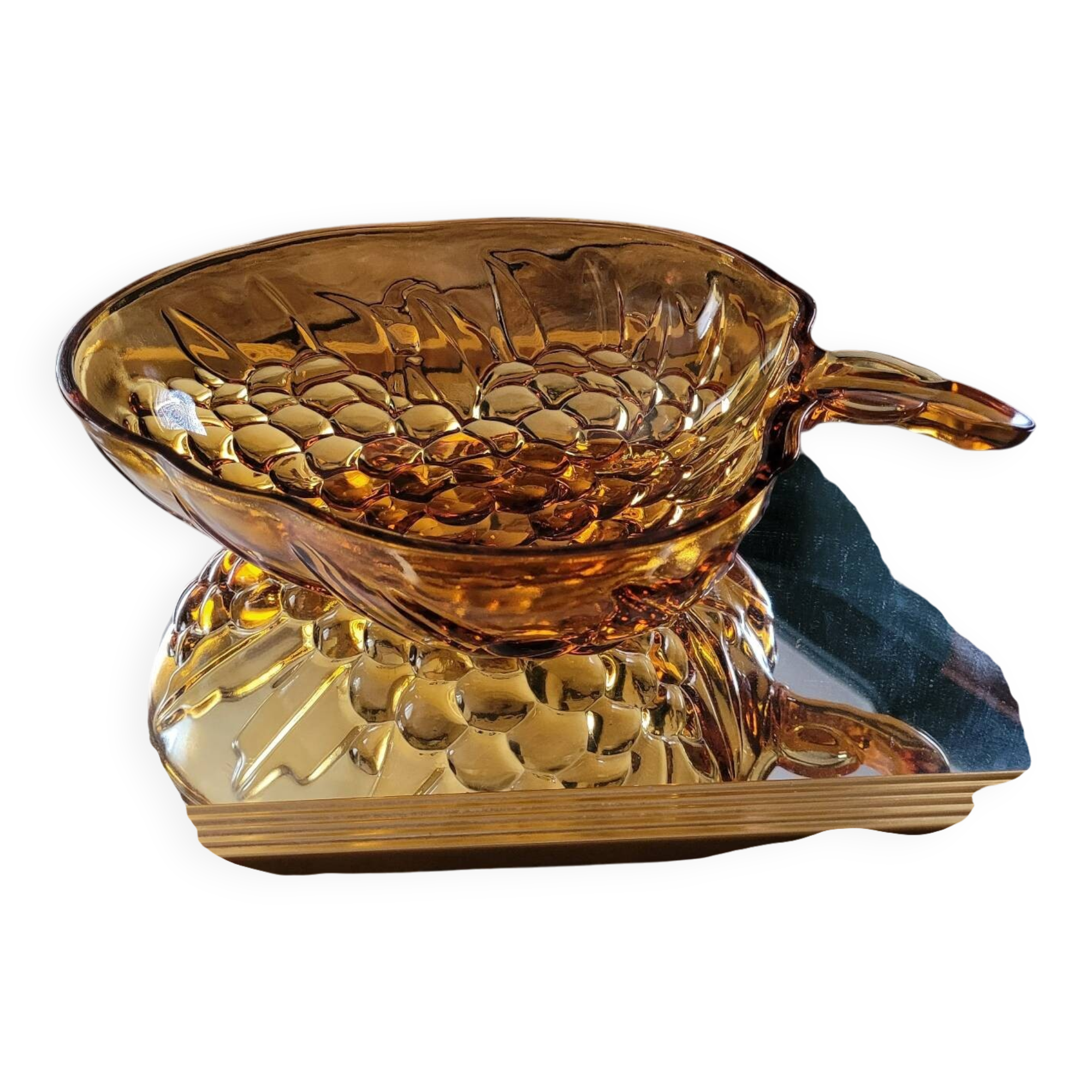Vintage molded amber glass bowl – leaf and grape motif – years