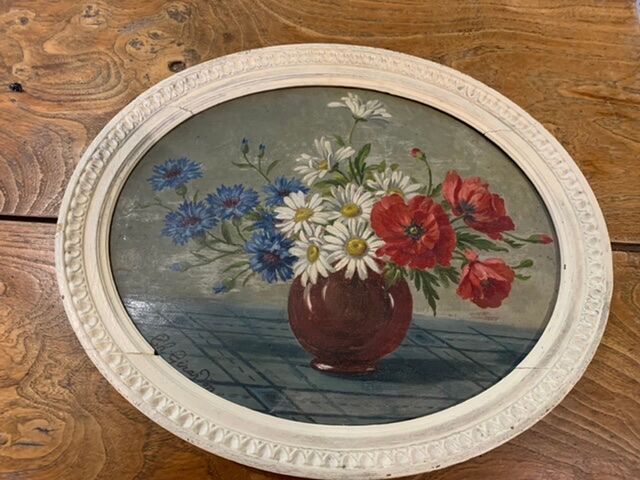 Tableau ancien bouquet de fleurs anémones encadré et signé Ch. Girardin