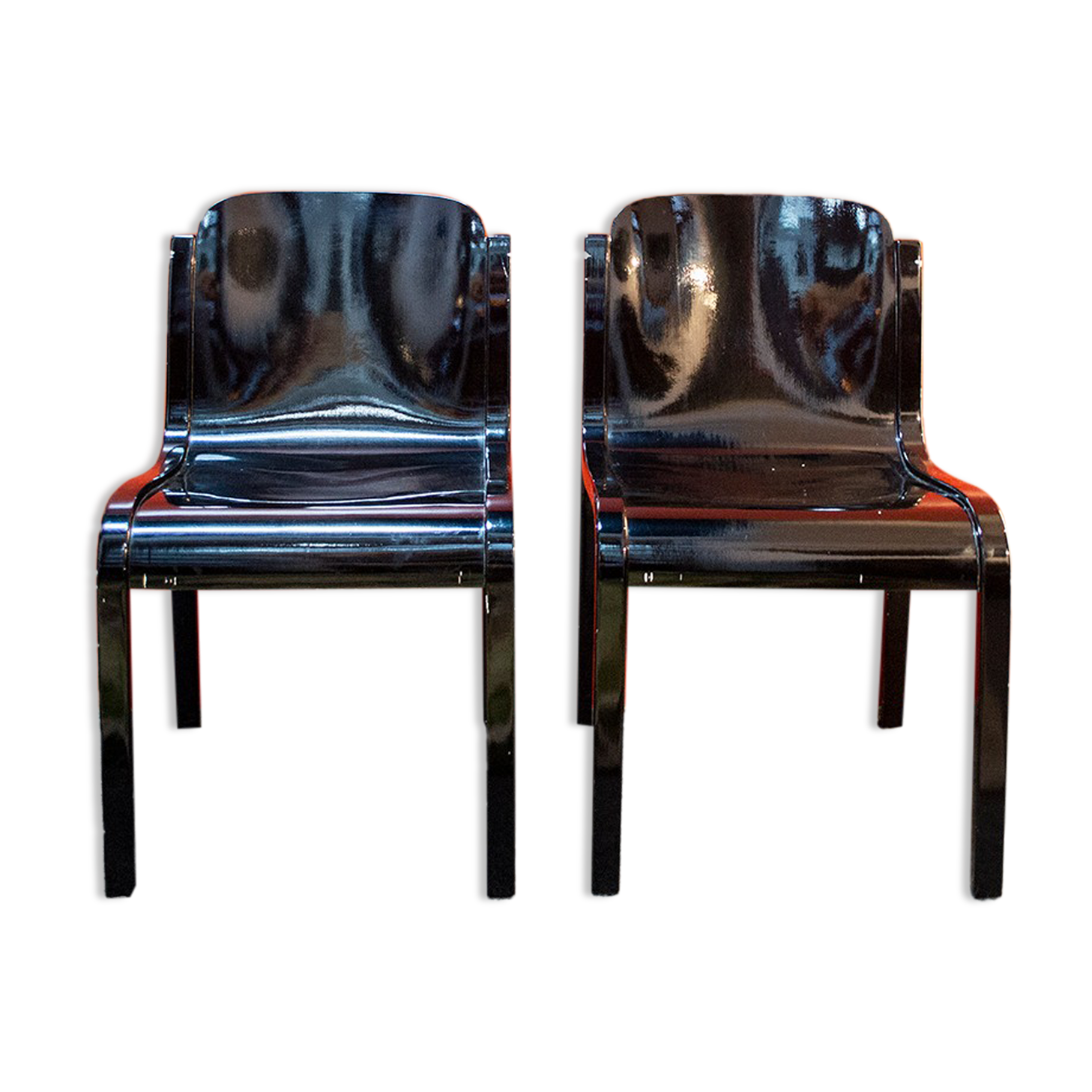 Pair of chairs in black lacquered wood Italy 70s