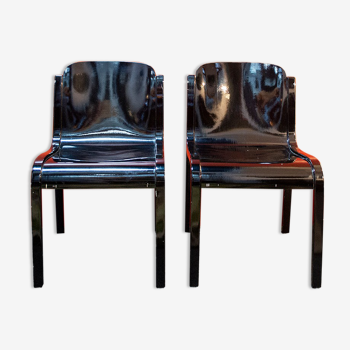 Pair of chairs in black lacquered wood Italy 70s