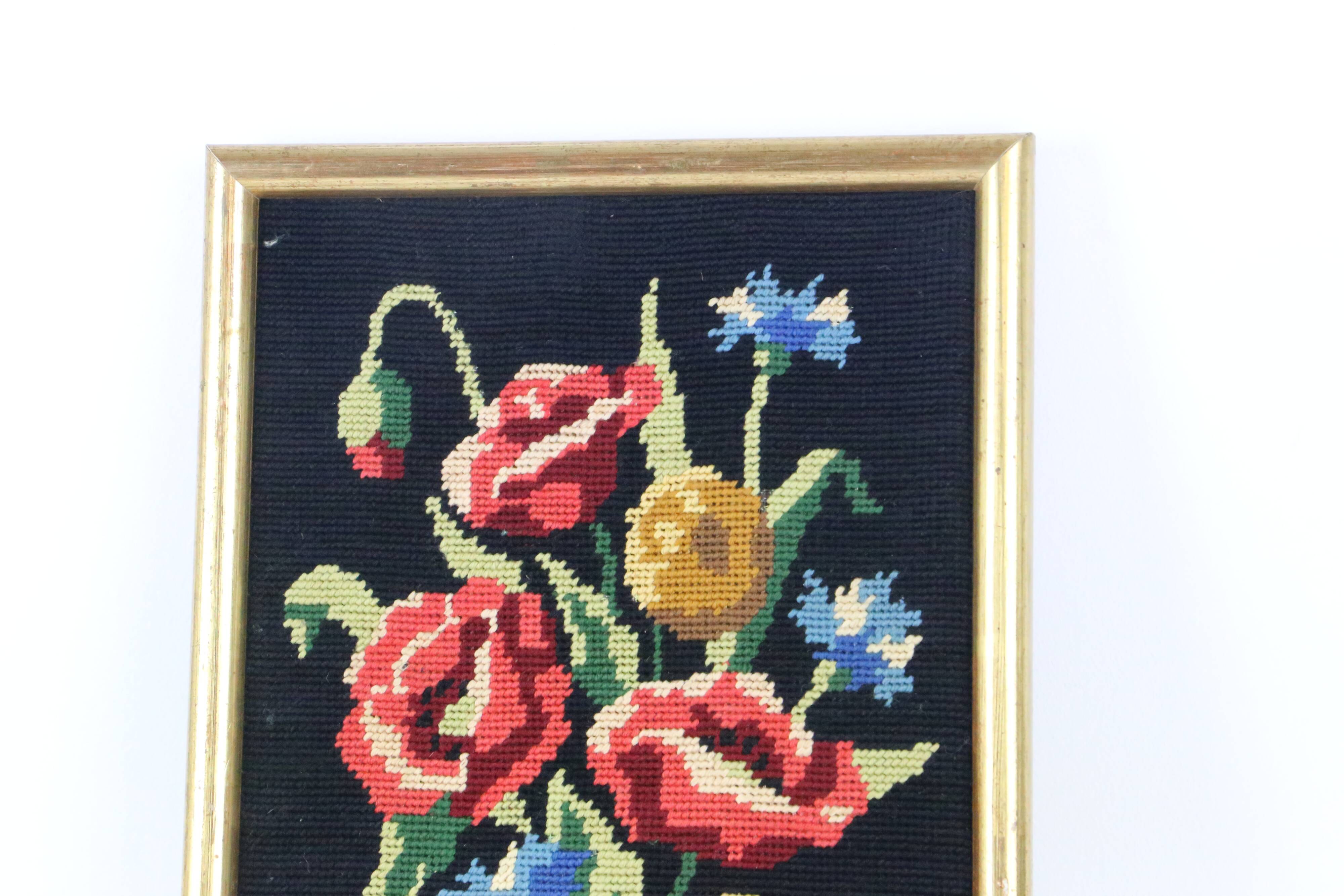 canvas bouquet of flowers in cross stitch, wall painting, vintage
