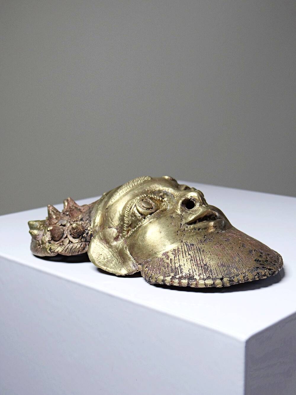 Small gilded bronze Oba mask from Bamoun, Cameroon, vintage Africa
