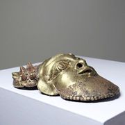 Small gilded bronze Oba mask from Bamoun, Cameroon, vintage Africa