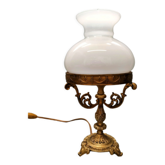 Lampe à poser tripode bronze doré opaline années 50 - france