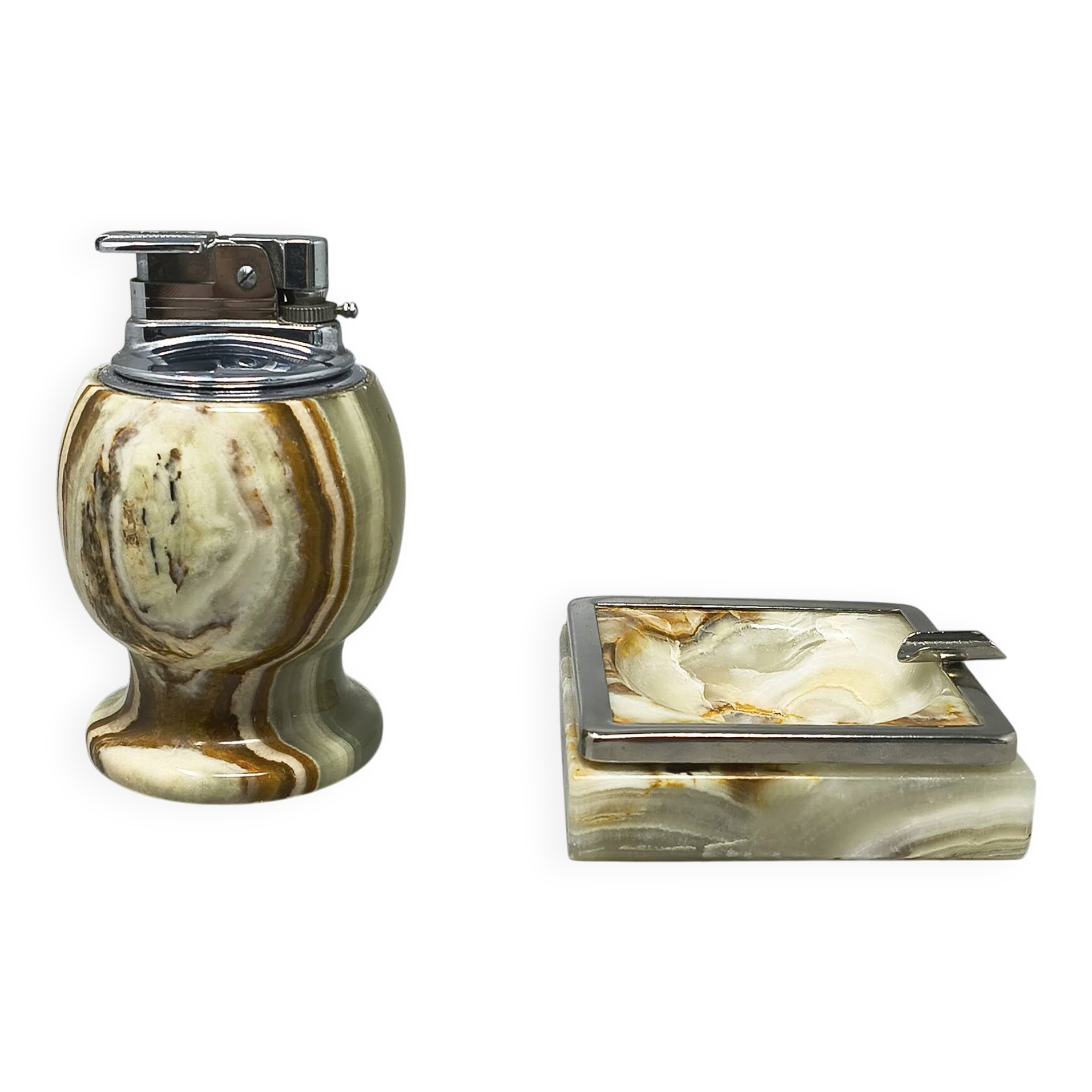 1960s mid-century modern Italian onyx smoking set with table lighter & ashtray