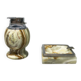 1960s mid-century modern Italian onyx smoking set with table lighter & ashtray