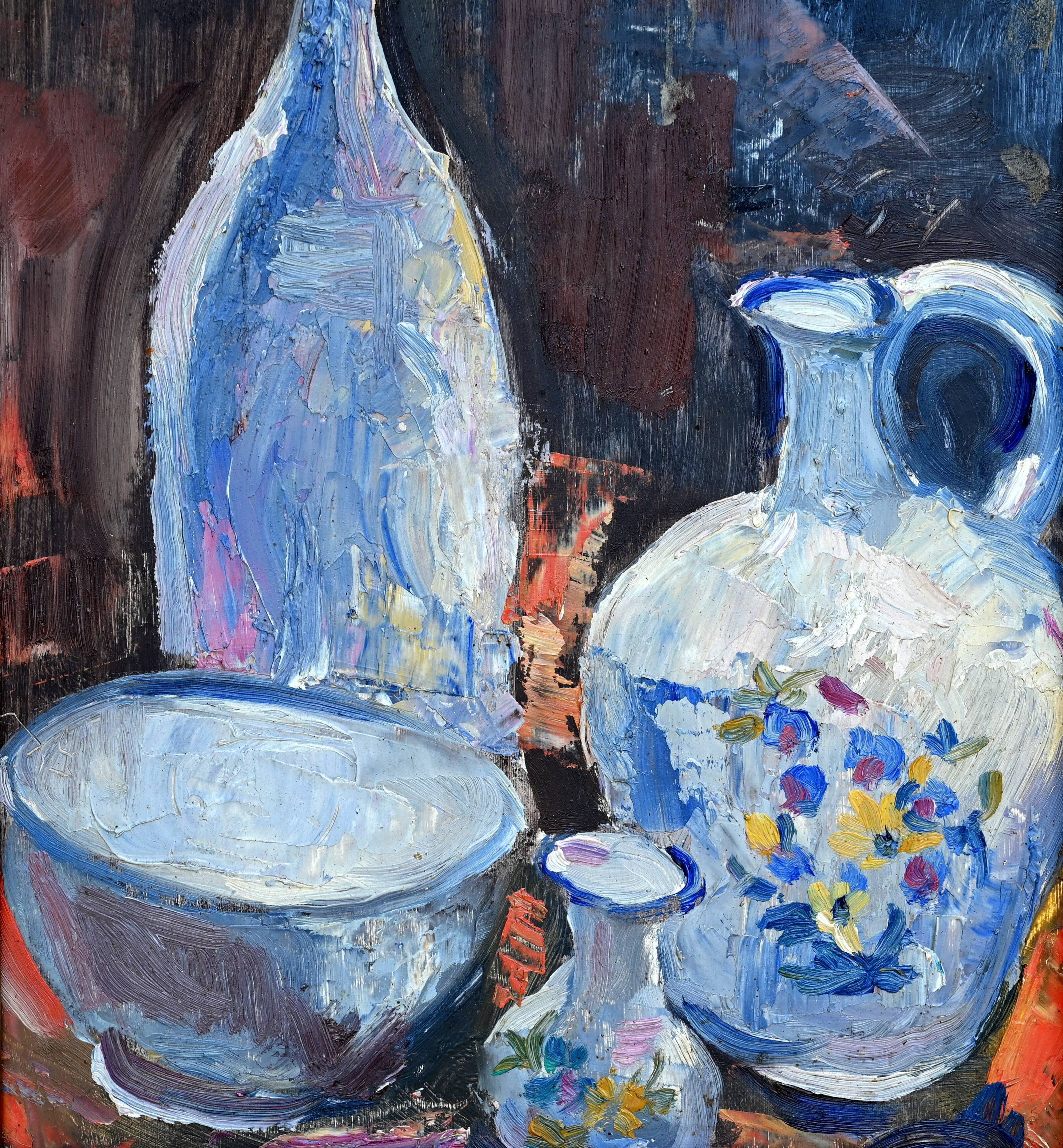 Still life painting with bowls, decanter and flower pitcher