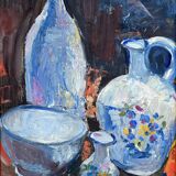 Still life painting with bowls, decanter and flower pitcher