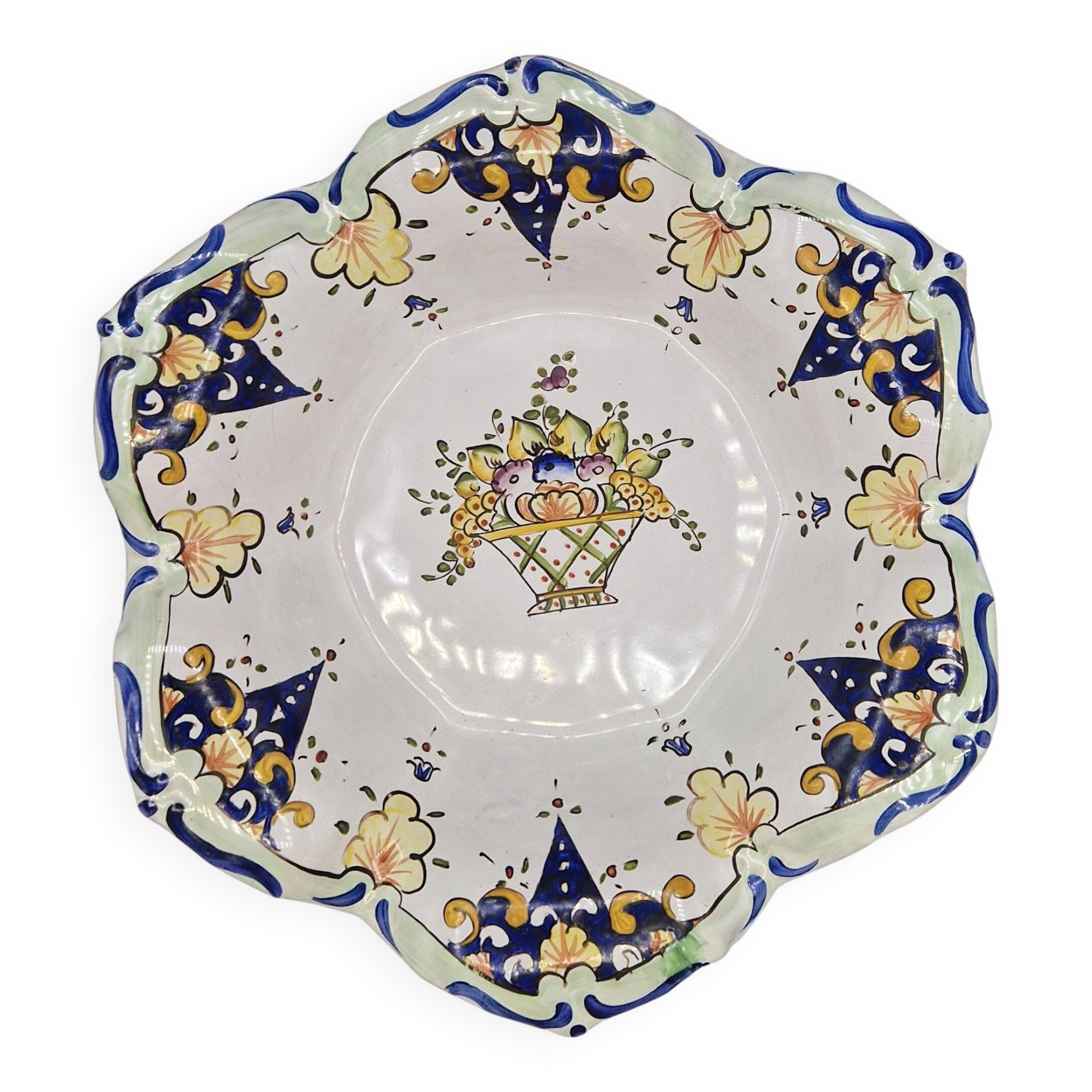 Assiette unique en faïence française vintage de Le Renoleau peinte à la main, 30 cm