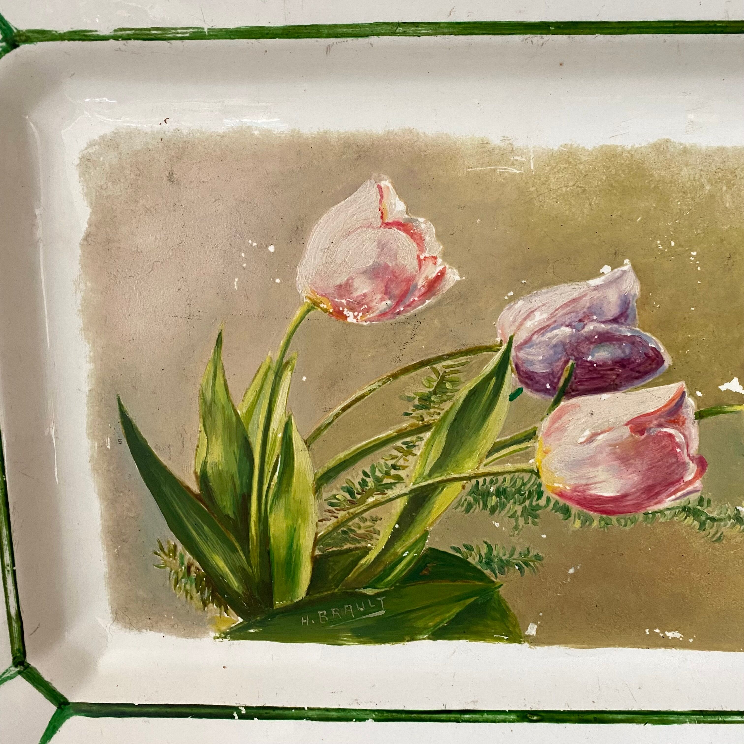 Antique decorative dish with painted flowers, signed