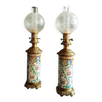 Pair of large oil lamps emaux de longwy 19th d586
