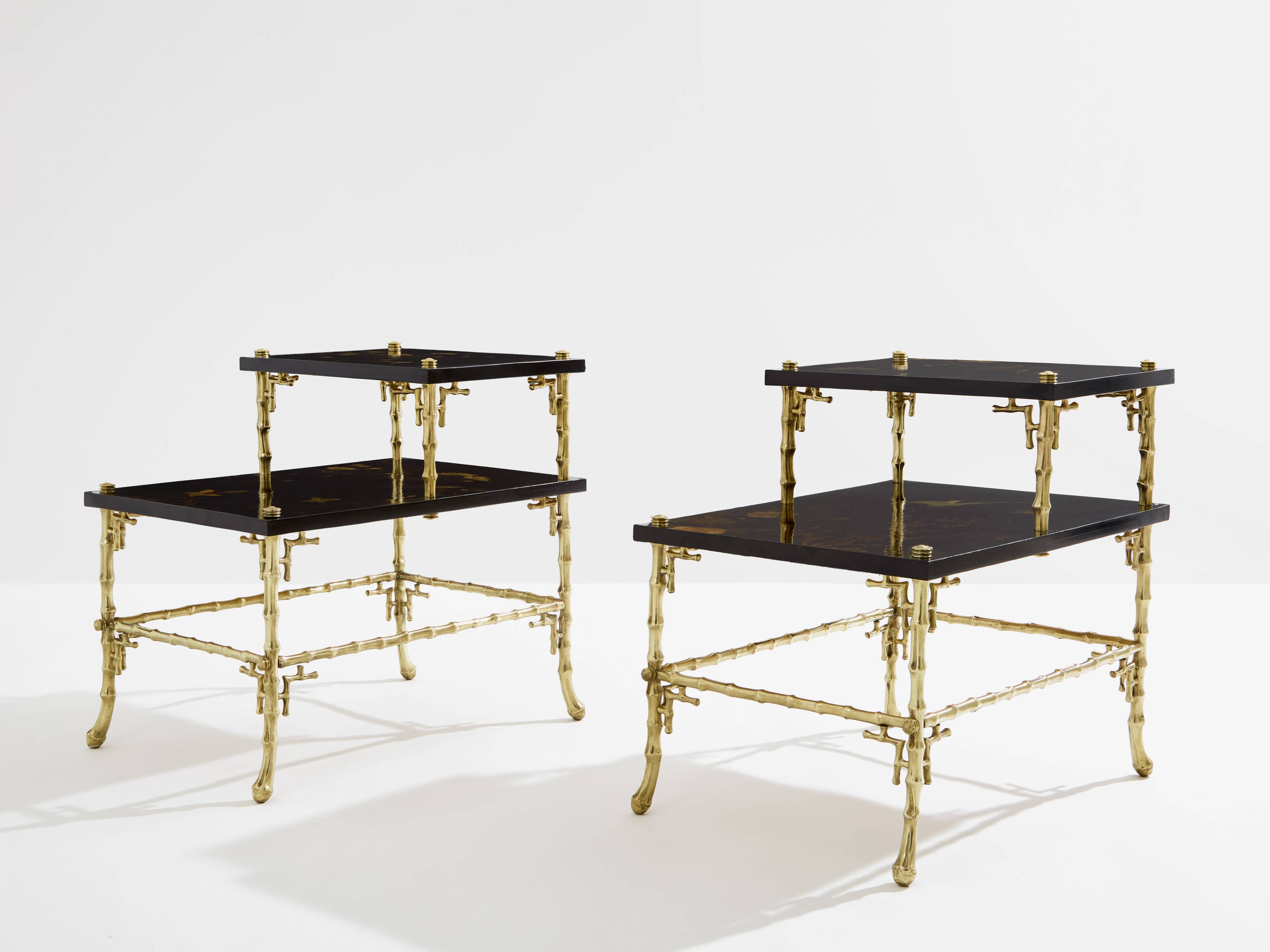 Bamboo bronze lacquered Chinese side tables Maison Baguès 1940