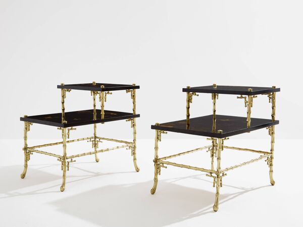 Bouts de canapé bambou bronze laque de Chine Maison Baguès 1940
