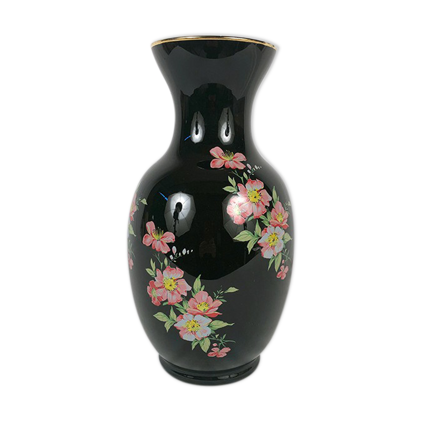 Black opal vase decorated with flowers