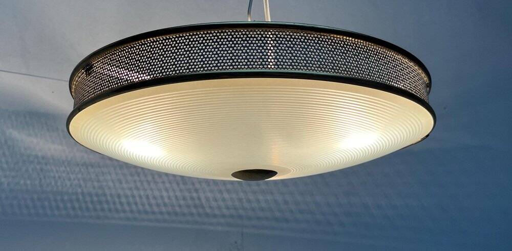 Metal ceiling pendant lamp, made of glass and metal, German mid-century modern style, 1960s.