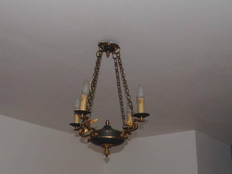Vintage French Empire Swan Chandelier: Bronze Brass Toleware, C1950s