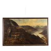 Old painting of a mountain landscape with a lake, oil on canvas 1890